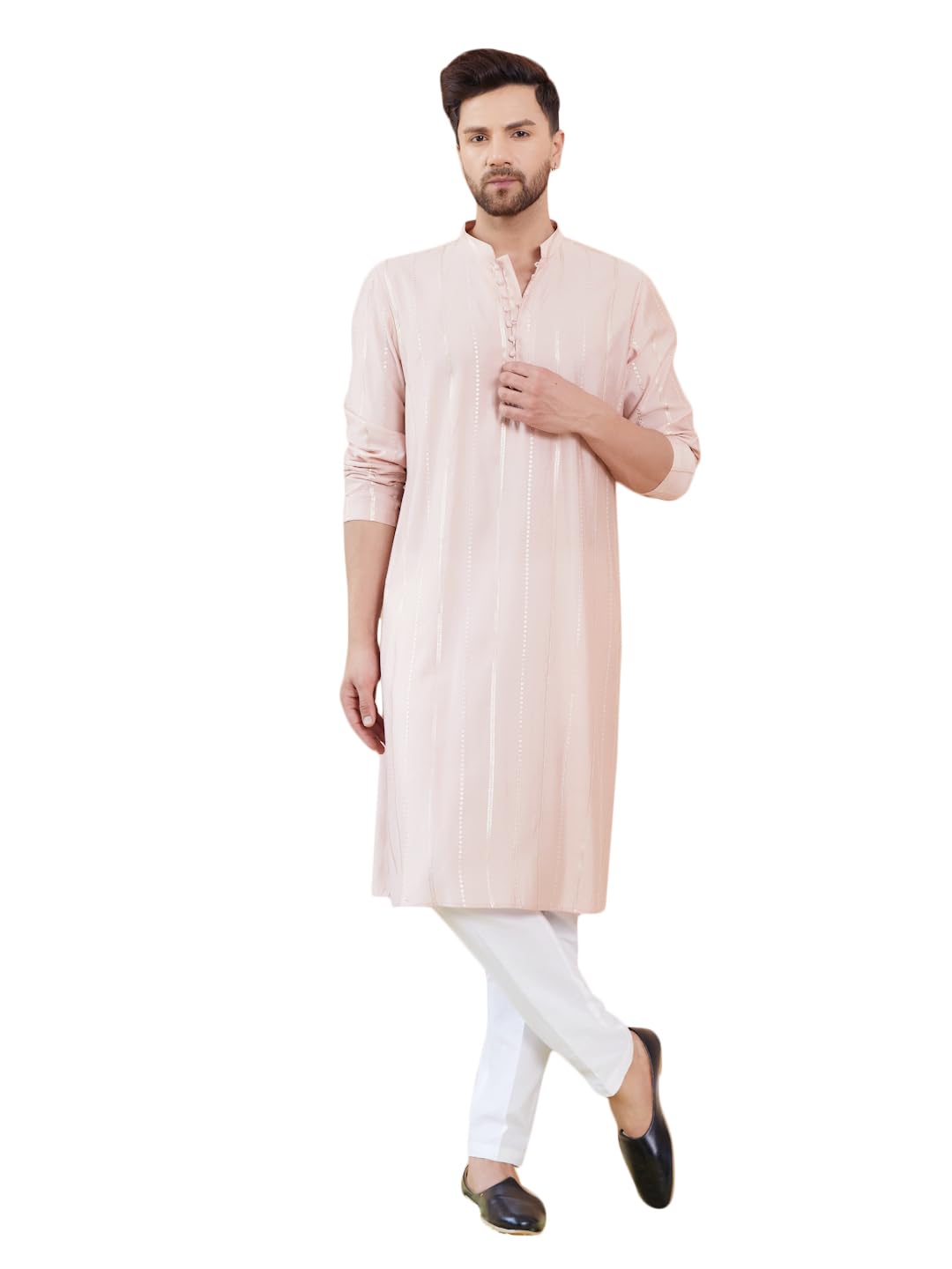 See Designs Men Full Sleeve Side Slit Pink And Gold Chanderi Silk Sequins Mandarin Collar Kurta - Sdkt2432L