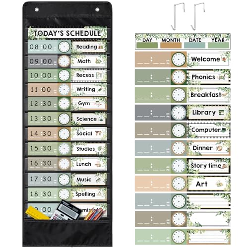 Daily-Schedule-Pocket-Chart-for-Classroom-131-Pockets-with-42-Designed-Schedule-Cards-Farmhouse-Greenery-Classroom-Kids-Daily-Schedule-Pocket-Chart-for-Home-Back-to-School-Classroom-Decorations Daily Schedule Pocket Chart for Classroom 131 Pockets with 42 Designed Schedule Cards Farmhouse Greenery Classroom Kids Daily Schedule Pocket Chart for Home Back to School Classroom Decorations
