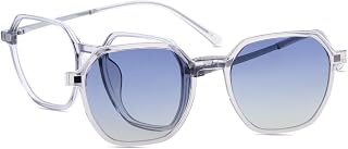 HELES Geometric Blue Light Blocking Glasses, TR Frame with Spring‑Hinge Metal Temple, Magnetic Clip‑On Polarized Sunglasses