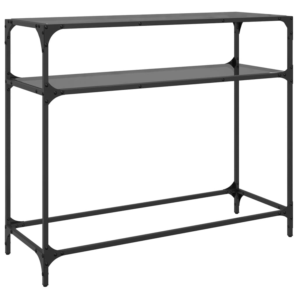 Tavolo consolle da corridoio, tavolino in vetro nero, 98 x 35 x 81 cm, in acciaio, tavolo da parete come ripiano per decorazione, vasi, lampade, chiavi in corridoio, corridoio, soggiorno
