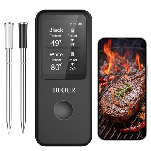 BFOUR Thermomètre à viande sans fil avec 2 sondes, thermomètre de cuisson Bluetooth numérique sans fil pour rôtisserie, barbecue, four, contrôle par...
