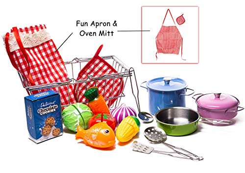 Stainless-steel Shopping Basket and Stainless Toy Kitchen Pots and Pans with Utensils - Beautiful Fish and Play Vegetables Toys - Apron - Pretend Play Grocery & Cooking For Toddlers Boys and Girls - Thumbnail 2