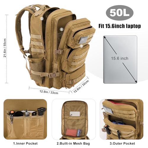 Image of Military Tactical Backpack 50L Large Day Backpack for Men Molle Army 3 Days Assault Pack Bug Out Bag Water Resistant and Heavy Duty Hiking Treeking Rucksack - Brown