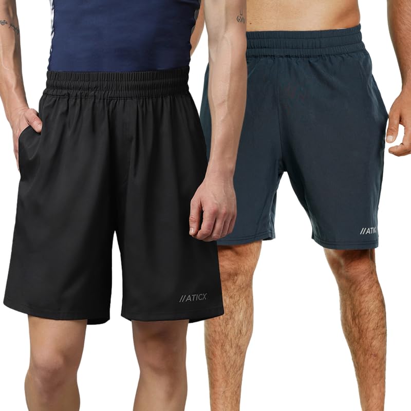 Image of ATICX Polyester Shorts for Men - Quick Dry Lightweight with Zipper Pockets - Gym, Running, Jogging, Training Half Pants for Basketball, Swimming, Badminton, Cycling, Football, Outdoor & Home Wear
