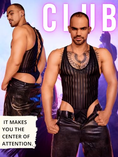 Mesh Bodysuit for Men, Mens Thong Lingerie, Sheer Tank Top Man, Sissy Clothes Singlet Sexy Underwear Fishnet Gay4