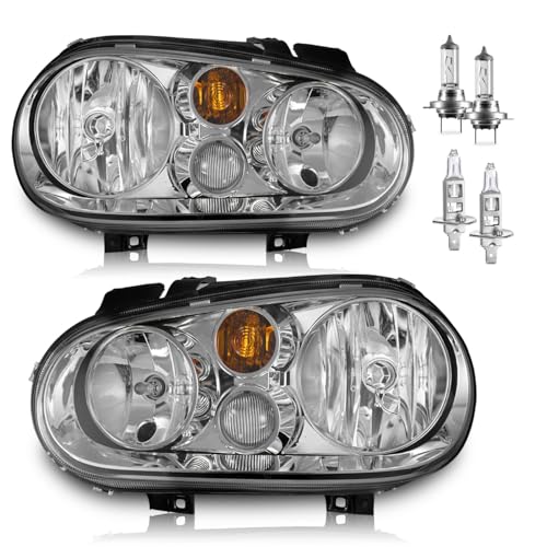 Vizotae Headlights Assembly for 1999-2006 Volkswagen Golf MK4/1999-2002 VW Cabrio/2004 VW Golf R32, High/Low Beam W/Bulbs, Driver & Passenger Side