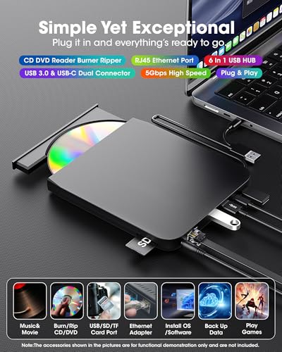 Image of ROOFULL Pro External CD /DVD Drive, USB 3.0 DVD CD Burner with Ethernet Adapter, USB Hub and SD /TF Card Ports, CD DVD Reader Writer Player Optical Disc Drive for Laptop MacBook PC Windows Linux Mac