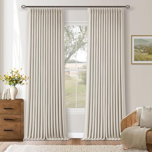 105 Inch Blackout Linen Curtains Pinch Pleat for Bedroom Living Room Darkening Neutral Pleated 100% Black Out Thermal Insulated Window Drapes Double Layer Soundproof Curtains 2 Panels Ivory Natural