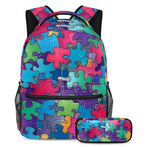 Trousse à crayons et sac à dos motifs puzzles aquarelle grand volume pour écoliers