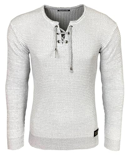 Subliminal Mode - Jersey de punto para hombre con cuello en V con cordones - Estilo básico - Corte ajustado - Jersey de punto de invierno de manga larga - Idea de regalo BX52132, blanco, L