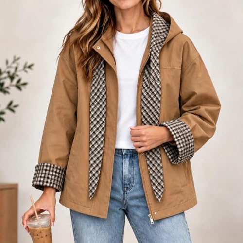 Cropped Trench Coat for Women Fall Winter Jacket with Plaid Hood - image 5