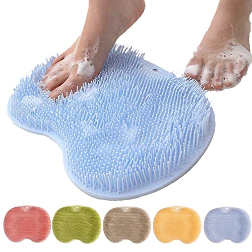 Shower Foot Scrubber Mat with Non-Slip Suction Cups Foot Back Cleaning Pad Back Washer Exfoliating Bath Wash Pad Wall Mounted Slip Suction Cups for Use in Cleaner Men and Women (Blue)