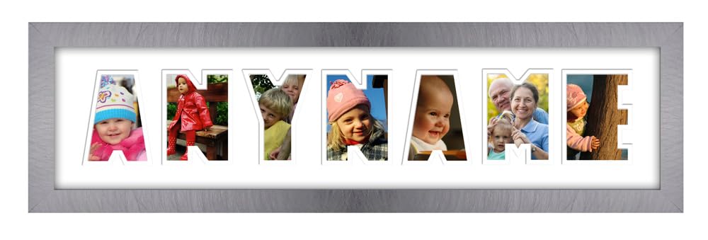 Personalised 3 to 7 Letters Word Photo Frame Name Word Frame Birthday Picture Gift Present (Brushed Silver Finish Frame White Mount White Inside, 7 Letters (Letters only no spaces))