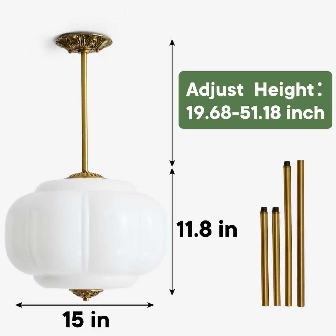 Milk Glass Ceiling Light Fixture,Milk Glass Pendant Light ,Semi Flush Mount Pendant Light Vintage Schoolhouse Ceiling Light for Kitchen Island, Living Room, Dining Room, Bedroom (White, 15 Inch)