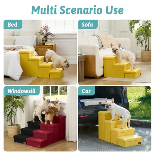 Image of Dog Stairs with Storage, 4-Step Wider Sturdy Dog Steps for Small /Medium /Large Dogs and Older Cats, Folding Doggie Ramp for Bed /Couch /Car Hold Up to 180 lbs (22 inch H, Yellow)