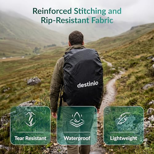 Image of Destinio Rain Cover for Bag Waterproof, Backpack Raincover for Laptop, School & Trekking Bags, Rip Resistant, Full Dust & Scratch Protection with Secure Buckle Strap & Storage Pouch (Black-20L to 55L)