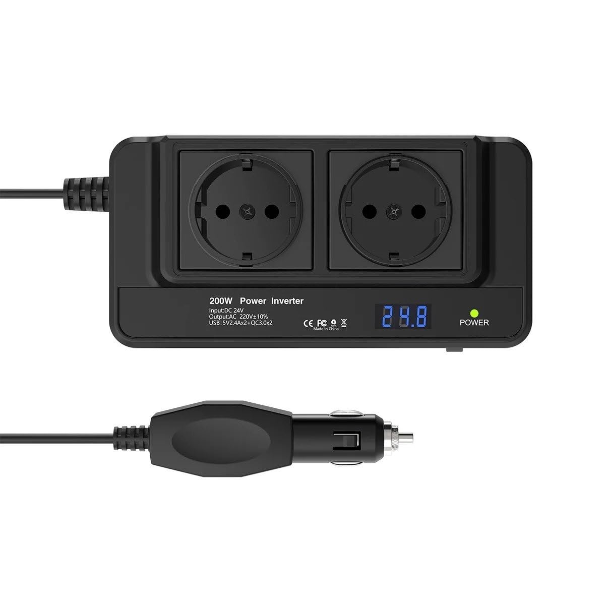 Onduleur 24 V vers 220 V Double Prise Secteur UE Ports USB Et QC 3.0 Charge Rapide Prise Allume-Cigare 200 W Convertisseur Tension Convertisseur