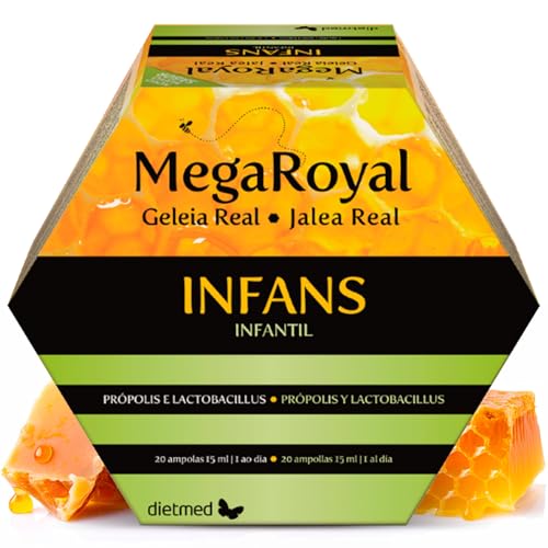 Dietmed - Megaroyal Infans - 20 x 15ml Ampollas Bebibles - Jalea Real Liofilizada 3:1 - Con Própolis y Lactobacillus acidophilus - Con Vitamina C, Hierro, Zinc y Vitaminas - Jalea nfantil Sabor Fresa