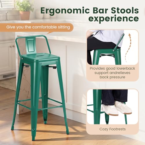 Butacos metálicos Shahoo de 30 pulgadas con respaldo, apilables, para barra y mostrador, estilo industrial, para interior y exterior, juego de 4 (verde) miniatura 6