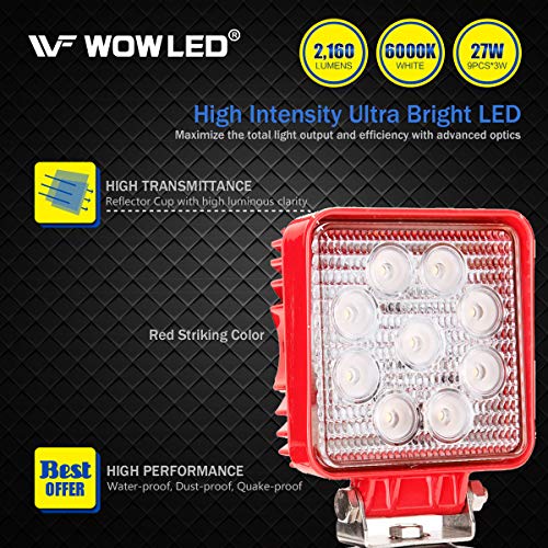 WF Magnetic Work Light, Magnet Base Mount Bracket, Cigarette Lighter Powered, LED Work Light, 27W Portable Flood Beam Lamp for Truck Tractor Trailer SUV Off-road Emergency Repairs (Square Red) - Thumbnail 2