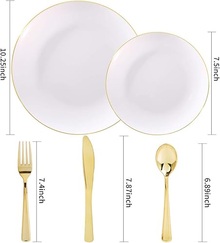 Miniatura 2 de Nervure Platos de plástico para 30 comensales, color negro con borde dorado y cuchillería de plástico dorado con mango negro Vajilla de plástico