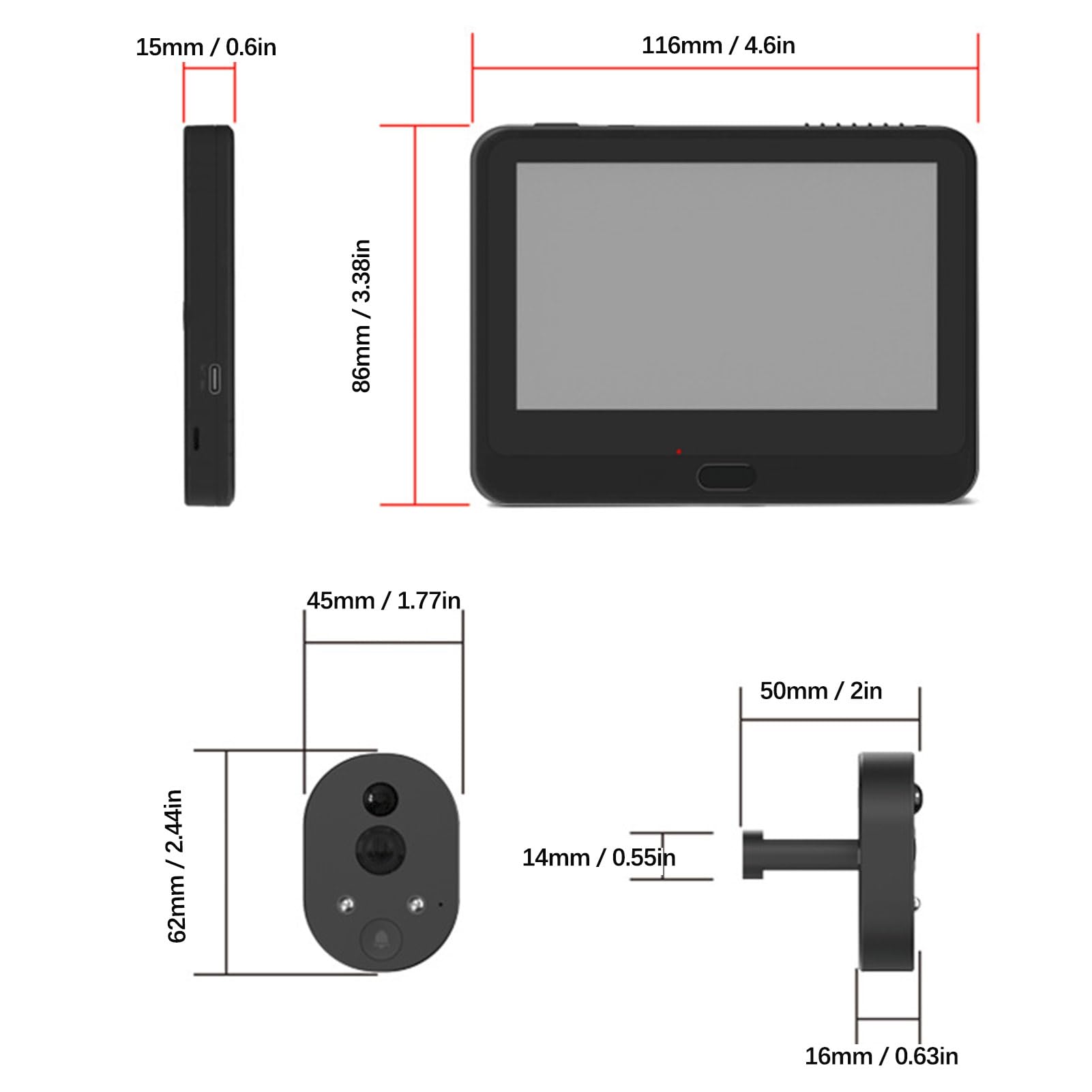 EMUKOEP Campanello Intelligente con Display HD da 4,3 Pollici e Visione | Rilevamento Movimento PIR, Filtraggio Umano, Controllo App WiFi 2.4G, Batteria Ricaricabile da 3000 MAh, Supporta Spessore