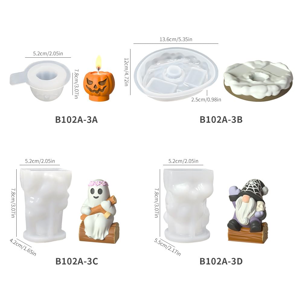 Juego de moldes de silicona 3D para Halloween, 4 piezas, moldes de calabaza enana con base, reutilizables para velas de resina, soporte para velas de teléfono, decoración de Halloween