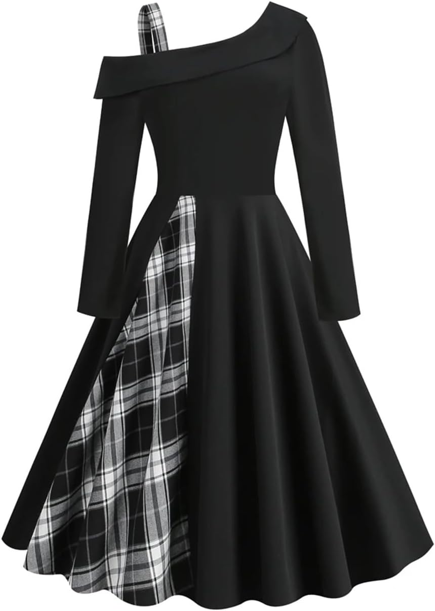 Women Plaid Patchwork One Shoulder Party Dresses Long Sleeve Evening Vintage Midi Swing Dress
