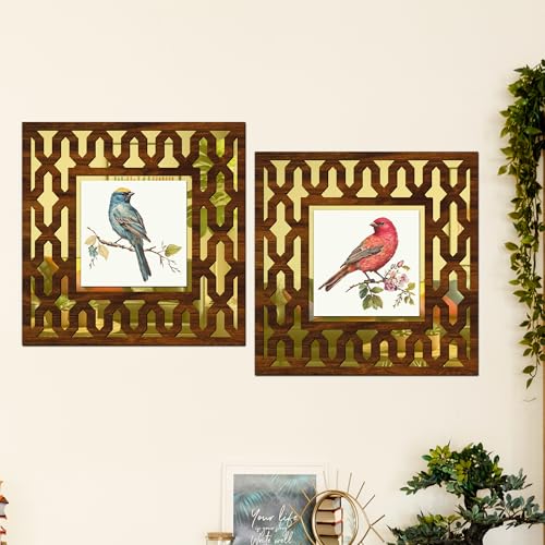 Image of Wooden Bird Painting Mirror Wall Decor Panel for Home Decor Living Room Bed Room Office (AD4, 12X12 Inches, Set of 2)