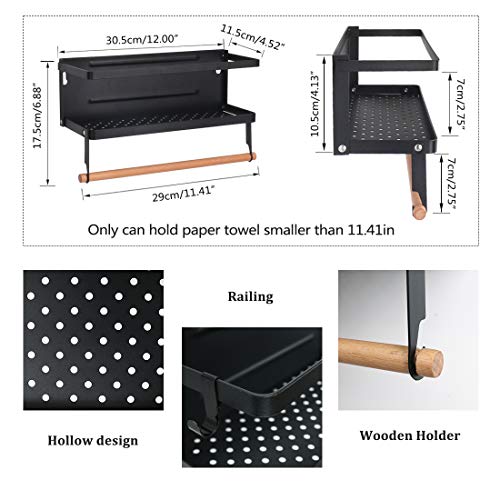 Haturi Fridge Spice Rack, Magnetic Shelf with Paper Towel Holder Single Tier Kitchen Refrigerator Storage Rack (Small,Black)