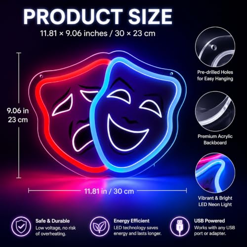 Image of Comedy and Tragedy Masks Neon Sign Theater Drama LED Lights Sign for Wall Decor, Classic Performing Dimmable Neon Light for Bedroom, Theater Room Bar & Studio Decor