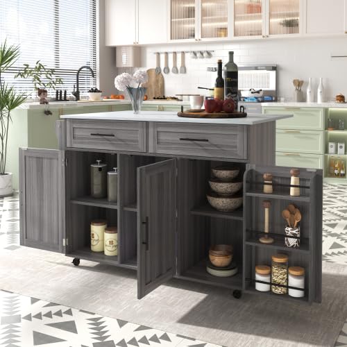 SogesHome Carro de cocina con ruedas Mesa de comedor Islas de cocina móvil Carrito de comedor Carrito de servicio Buffets Aparador con mesa plegable 2 cajones 6 espacios de almacenamiento con puertas