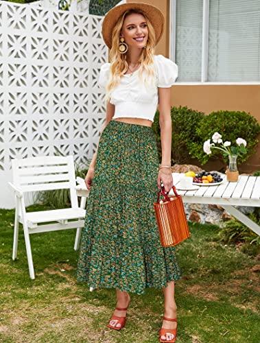 Hibluco Women's Floral Midi Skirts Elastic High Waist A-Line Swing Skirts #TOP4