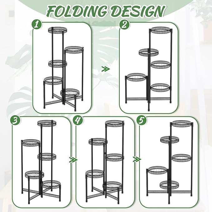 Image of Snazzy 5 Tier Metal Plant Stand for Indoor Outdoor, Foldable Corner Tall Plant Shelf Display Stand for Multiple Plants, Wrought Iron Flower Pot Holder for Living Room Balcony Garden Patio