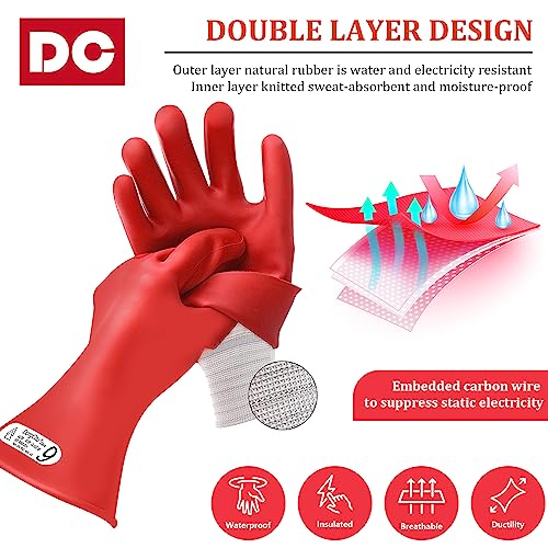 DongChu Natural Rubber Gloves Class 00 Low Voltage Electrical Insulating Linesmen's Gloves Double-Layer Design Cotton Anti-Static Knitted Gloves As Lining Size 9 Red