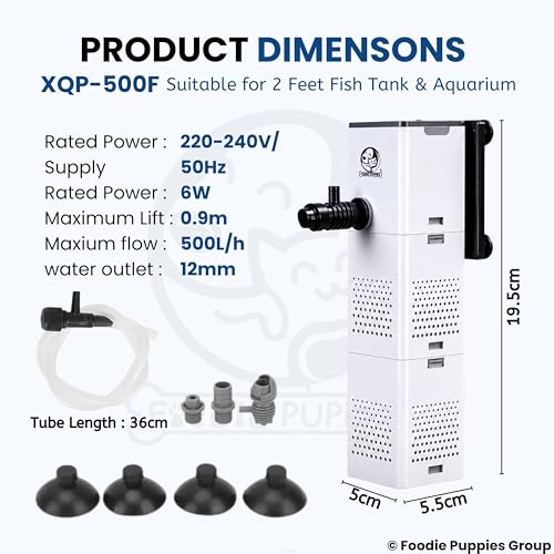 Image of Foodie Puppies Aquarium Internal Sponge Filter - (XQP-500f) | 500L /h 5 Watt Motor | Ultra-Silent, Multi-Function Submersible Filtration Pump Suitable for 2 Feet Fish Tank and Aquarium