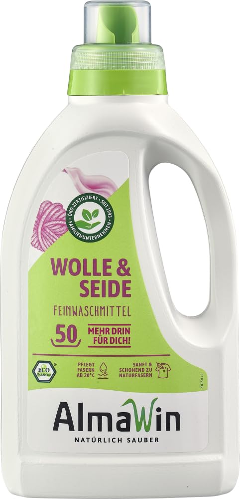 AlmaWin® Waschmittel Wolle & Seide [6x 750ml - 300 Ladungen] mit Lavendel-Duft für schonende Reinigung von Naturfasern - Seide- & Wollwaschmittel anwendbar von 20-40°C - Bio Feinwaschmittel flüssig