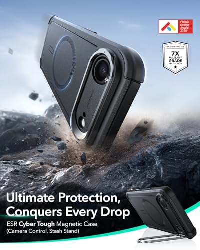Image of ESR for iPhone Air Case with Stand, 23ft Military-Grade Drop Protection, Camera Control, Shock-Absorbing iPhone 17 Air Rugged case, Compatible with MagSafe Accessories, Cyber Series, Black