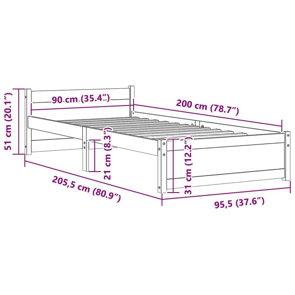 Lite sosnowe drewno Nowoczesna z wezgłowiem Klasyczna Czarny 90x200cm | Rama łóżka 90x200 cm czarna lite drewno sosnowe z zagłówkiem do sypialni