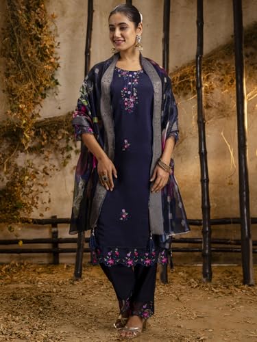 Image of VredeVogel Kurta Set with Dupatta | Viscose Roman Silk Embroidered Kurta Set for Women | Women's Ethnic Casual Kurti Set |Kurta Pant Festive Suit