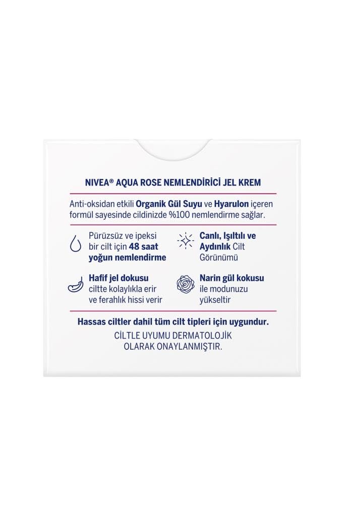 NIVEA Aqua Rose Hyaluron ve Organik Gül Suyu İçeren Nemlendirici Jel Yüz Kremi, 50 ml, 48 Saat Yoğun Nemlendirme, Tüm Cilt Tipleri için, Işıltılı, Pürüzsüz Cilt