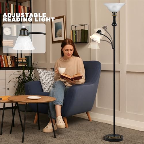 Image of Torchiere Floor Lamp with Adjustable Angle Reading Lamp-Black 71IN