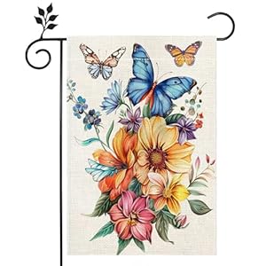 Fall Garden Flag for Outside, Butterfly Colorful Floral Garden Flag, Welcome Summer Garden Flag 12×18 Inch Double Sided Burlap, Outdoor Yard Flag Decorations for Home（Only Garden Flag）