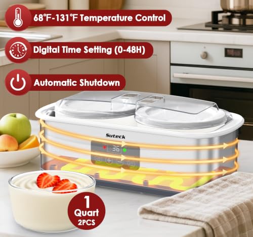 Image of Suteck Yogurt Maker for Probiotic Greek Yogurt with Timer & Temp Control | Make Real Yogurt at Home, No Additives, Precise 68-131F Control & 48H Timer, 2 x 1QT Glass Jars, BPA-Free & Dishwasher-Safe
