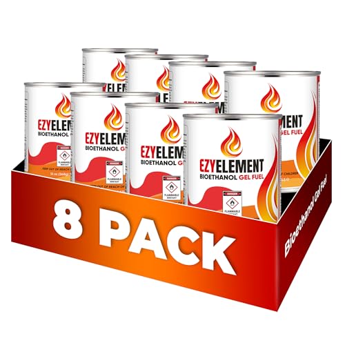 EZYELEMENT Gel Fuel for Indoor & Outdoor Use – Make The Smart Choice with a Non-Toxic, Clean-Burning Bioethanol Gel Fuel That Creates a Beautiful Real-Flame Glow (8 Pack, 13oz/368g)