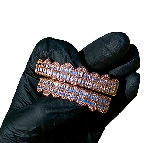 14k Rose Gold Baguette Joker Pink Grillz for Mouth Top Bottom Hip Hop Teeth Grills for Teeth Mouth Grillz for Mouth Top Bottom Hip Hop 8 Teeth Prong Set Cz Diamonds Grills for Tooth