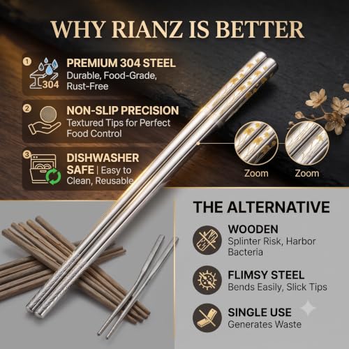 Image of RIANZ 304 Stainless Steel Korean Chopsticks 23.5 cm, Laser Engraved, 1 Pair (Style 6)