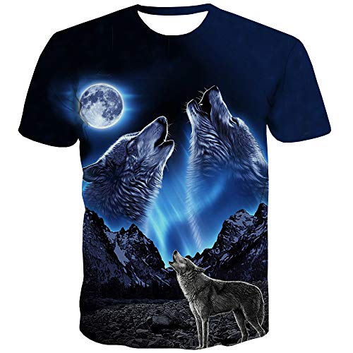 QCIV Wolf at Moon Shirt Mens Animal Wolves 3D Print Tshirt Short Sleeve (L, Wolf Moon T-Shirt)