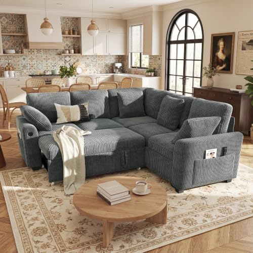 Image of Hanherry Sectional Sofa with Pull Out Couch Bed, 5 Seats Corduroy Sleeper Sofa with 2 Seat Storage & USB Charging,Comfy L Shaped Modular Couches for Living Room,Apartment