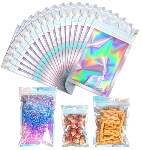 Bolsas Dulces, Office Product Bolsas Bolsitas para Dulces, 100 PCS Bolsas Hermeticas, Bolsas Holográficas Resellables, Aluminio por Ambos Lados, Bolsas Pouch Transparentes para...